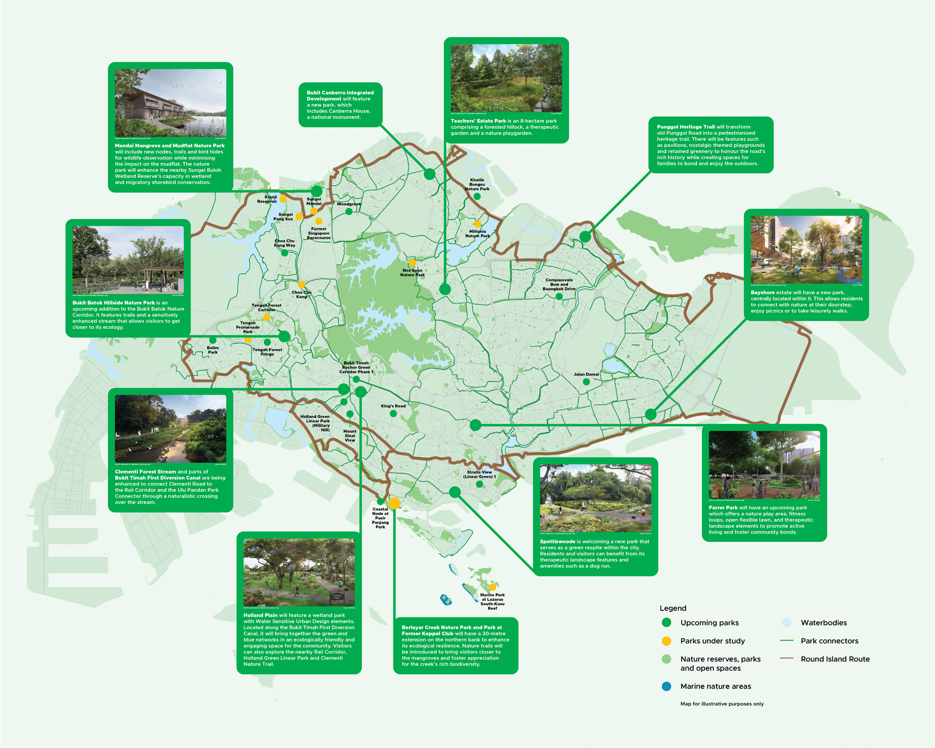 Map of Singapore showing upcoming parks, parks under study, nature reserves, and marine nature areas.